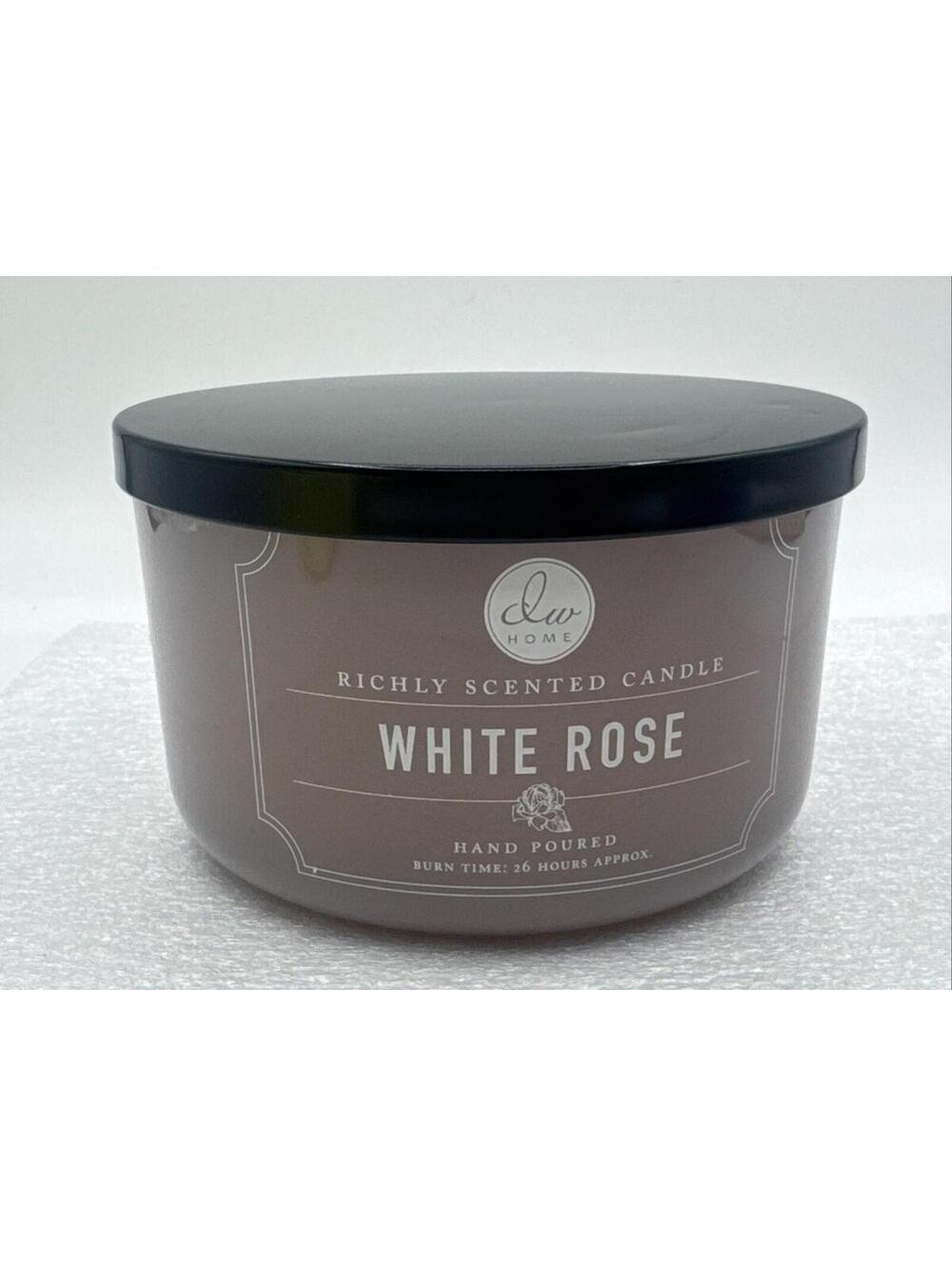 DW HOME 13.77oz White Rose Candle Hand Poured Burns ~26 Hours 3 Wick Glass Jar